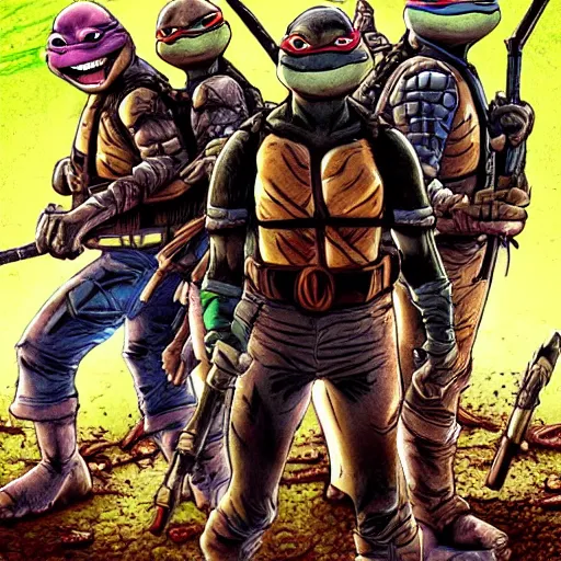 Prompt: Teenage Mutant Ninja Turtles in the walking dead Digital art very detailed 4K quality Super Realistic