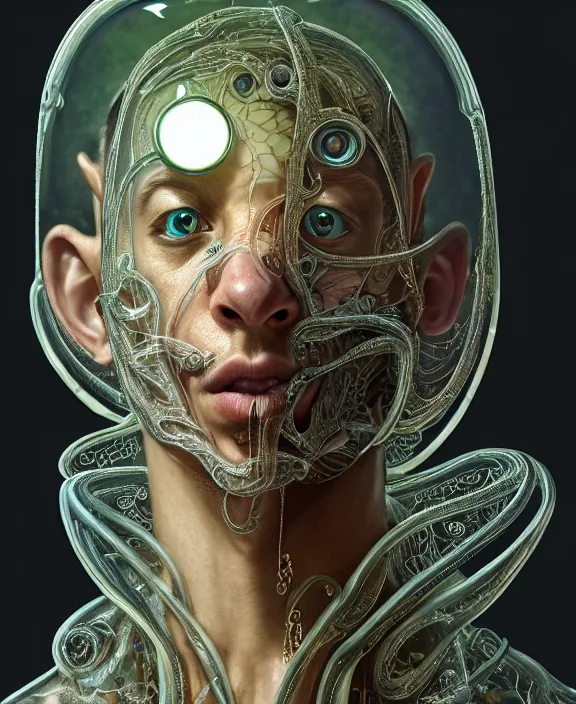 Prompt: intricate ornate opulent transparent clear see - through portrait of a terrifying beautiful male alien rat, mottled coloring, adorable, childlike, overgrown jungle environment, ultra realistic, concept art, art nouveau, photorealistic, octane render, 8 k, unreal engine. art by christopher marley and artgerm and greg rutkowski and alphonse mucha