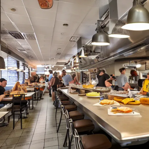 Prompt: busy wafflehouse interior with customers eating breakfast and wafflehouse employees serving food and cooking behind countertop that has food on it