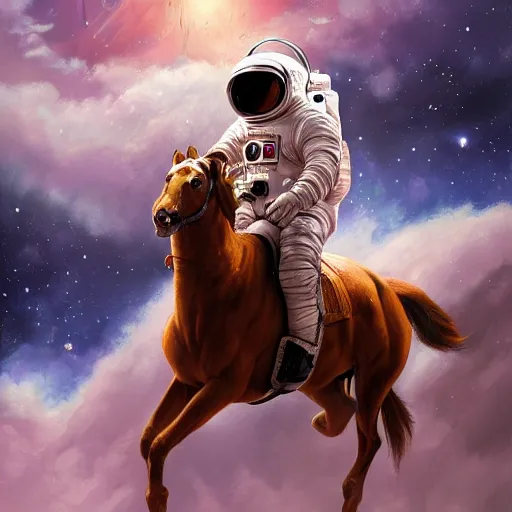 Image similar to award winning painting of an astronaut riding a horse in outer space, character art, sci-fi, high-detailed, vivid, trending on artstation