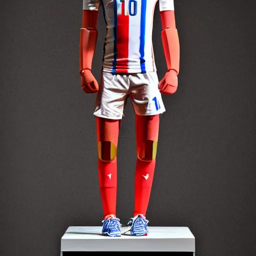 Image similar to a realistic detailed photo of a guy who is an attractive humanoid who is half robot and half humanoid, who is a male android, soccer player antoine griezmann, shiny skin, posing like a statue, blank stare, in a living room, on display, showing off his muscles