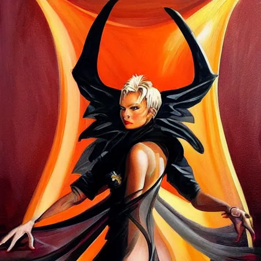 Prompt: painting in style of michael whelan, the super hot and sexy, black dress, orange halo, black wings, huge cup of coffee, dark angel of coffee