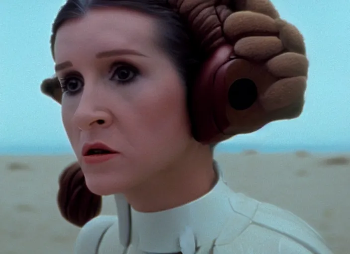 Image similar to glamour portrait of Princess Leia, played by Carrie Fischer, lightsaber training on beach planet, iconic scene from the 1980s film directed by Stanley Kubrick, kodak stock, cinematic lighting, hyper real, stunning cinematography, with anamorphic lenses, crisp, detailed portrait, 4k image