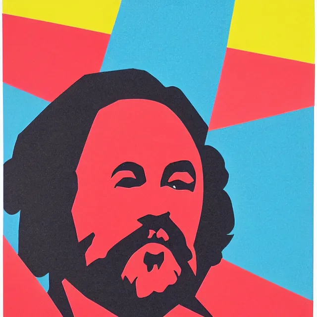 Image similar to origami of karl marx in a minimalist collage of geometric shapes, tetrachromacy, primary colors, in the style of ikko tanaka, japanese graphic design, 1 9 9 0