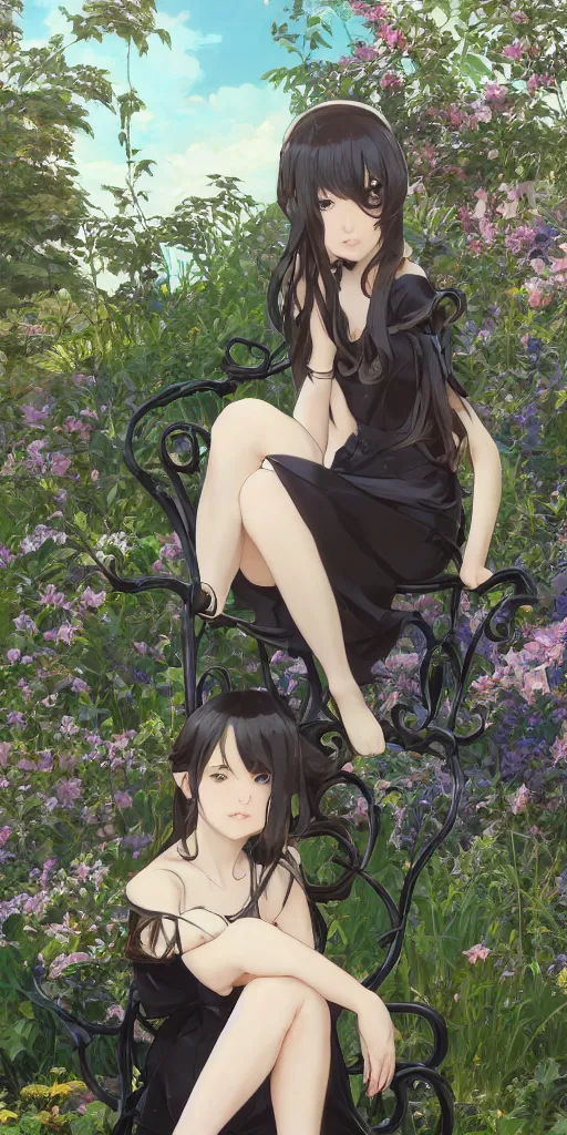 Image similar to a loli with long hair in a black dress sitting on a metal garden chair in the privet garden at afternoon, green and warm theme, back lighting, highly detailed, by krenz cushart and mucha and akihito yoshida and greg rutkowski and makoto shinkai and studio ghibli, detailed eyes, 4 k resolution, trending on art station