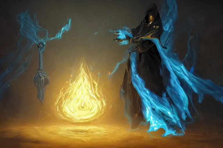 Prompt: digital painting of a warlock cloaked in gilded black robes, casting a blue spell which emits immense power, in a dungeon, featured on artstation