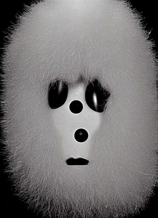 Image similar to realistic object photo of head made of black and white ping pong balls, hairy fluffy caterpillars, readymade, dadaism, fluxus, man ray, x - ray, electronic microscope 1 9 9 0, life magazine photo