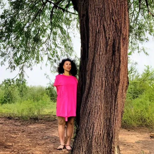 Image similar to a woman standing close to a tree