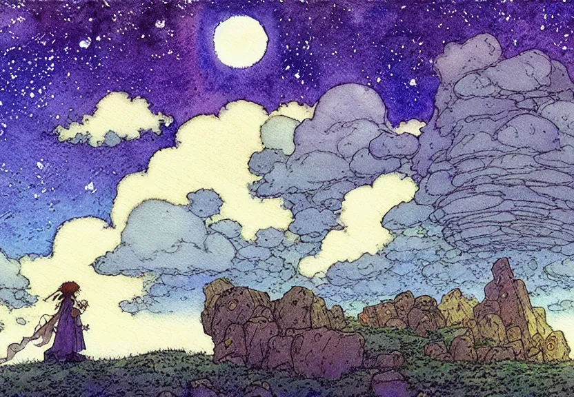 Image similar to a simple watercolor fantasy concept art of a giant grey cube floating in the air. it is a misty starry night. by studio ghibli, rebecca guay, michael kaluta, charles vess