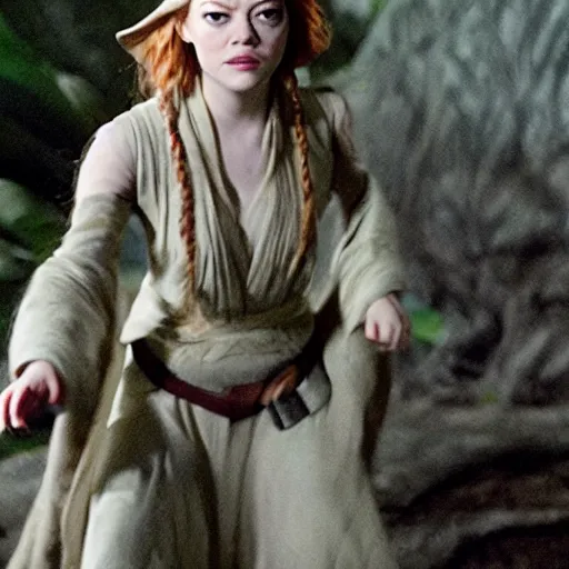 Image similar to film still of emma stone as yoda