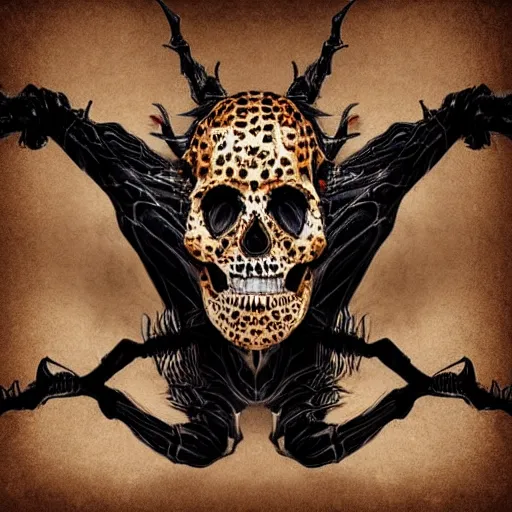 Prompt: Skull that look too much like skull!, crypt lurker!!, grasp of darkness!!!, 8k CG character rendering of a spider-like hunting female on its back, fangs extended, wearing a leopard-patterned dress, set against a white background, with textured hair and skin.