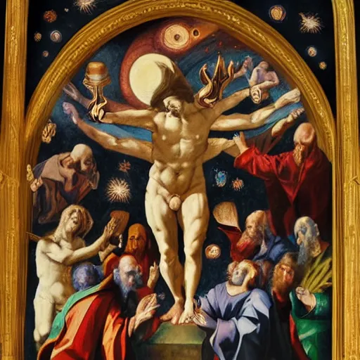 Image similar to creation of the universe painted in the gent altar piece