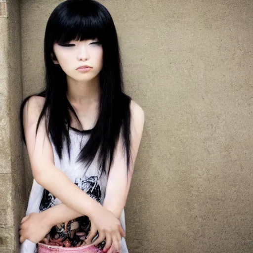 Image similar to japanese girl with emo makeup and long hair, bangs