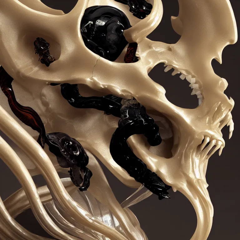 Image similar to goddess princess face close-up portrait ram skull. sculpture made of polished gold and matte obsidian. jellyfish phoenix head, nautilus, orchid, skull, betta fish, bioluminiscent creatures, intricate artwork by Tooth Wu and wlop and beeple. octane render, trending on artstation, greg rutkowski very coherent symmetrical artwork. cinematic, hyper realism, high detail, octane render, 8k