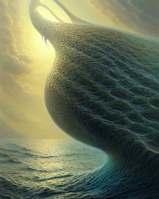 Image similar to a hyper - detailed 3 d render of aquatic creatures of the cresting waves, surrealism!!!!! surreal concept art, lifelike, photorealistic, digital painting, aesthetic, smooth, sharp focus, artstation hd, by greg rutkowski, klimt and nixeu and ian sprigger and wlop and krenz cushart,,