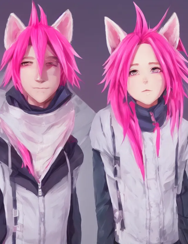 Image similar to cute anime boy with pink hair and pink wolf ears and pink wolf tail wearing stylish clothes. very detailed digital painting, trending on artstation, octane render, random artists
