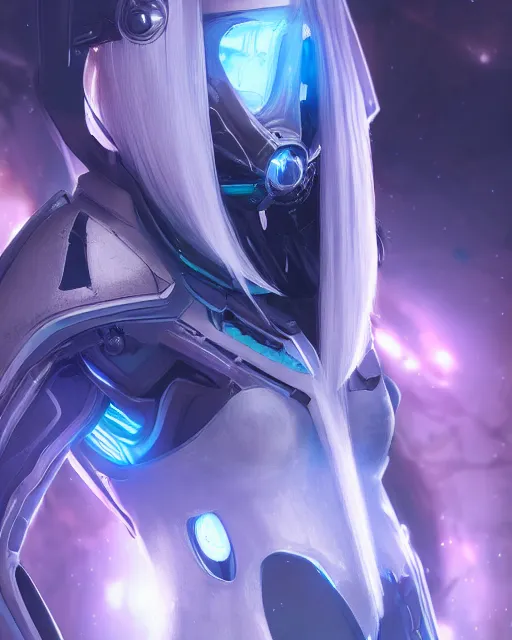 Image similar to perfect android girl on a mothership, warframe armor, beautiful face, scifi, futuristic, galaxy, nebula, raytracing, dreamy, long white hair, blue cyborg eyes, sharp focus, cinematic lighting, highly detailed, artstation, divine, by gauthier leblanc, kazuya takahashi, huifeng huang