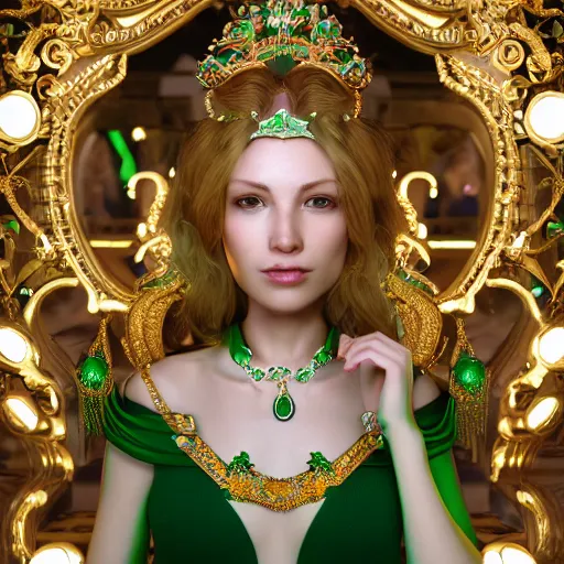 Image similar to photograph of wonderful princess with smooth fair skin, green jewelry, breathtaking, elegant, ornate, intricate, hyper detailed, accent lighting, dramatic light, 4 k octane render