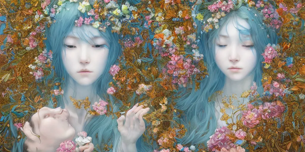 Image similar to breathtaking detailed concept art painting of the kissing goddesses of light blue flowers, orthodox saint, with anxious, piercing eyes, ornate background, amalgamation of leaves and flowers, by Hsiao-Ron Cheng, James jean, Miho Hirano, Hayao Miyazaki, extremely moody lighting, 8K