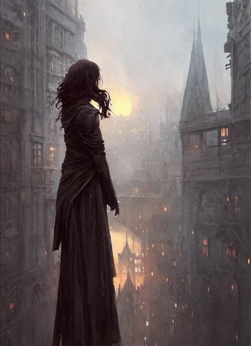 Image similar to a teenage girl with very short dark hair and a tattered grey cloak. she stands on top of a building in a gothic fantasy city. the sky has a red glow and ash is falling. beautiful painting by greg rutkowski