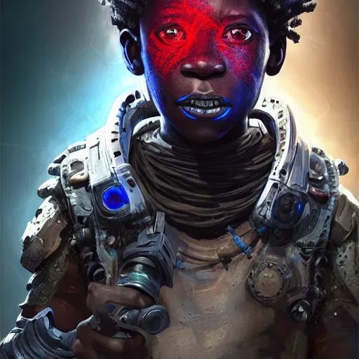 Image similar to a dark and ominous cyborg african child soldier with glowing eyes and facial scarification marks, Apex Legends character digital illustration portrait design, by android jones and greg rutkowski in a cyberpunk voodoo style, detailed, cinematic lighting, wide angle action dynamic portrait