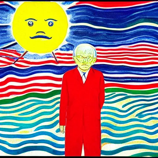 Prompt: sun shining through clouds, Edvard Munch, David Hockney, Takashi Murakami, Minimalist,