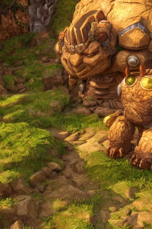 Image similar to zelda fantasy art giant golem troll wood rock greeble gemstone, global illumination ray tracing hdr fanart arstation by sung choi and eric pfeiffer and gabriel garza and casper konefal