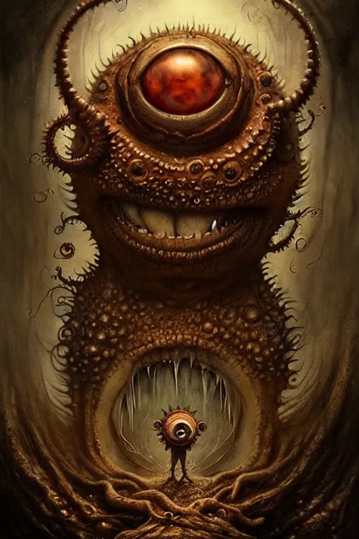 Image similar to beholder monster with 6 eyes | esoteric symbolism | jean - baptiste monge, esao andrews, bastien lecouffe - deharme, tim jacobus, ken currie | ultra - detailed realism, soft cinematic lighting, hi - fructose, artstation, high - quality, ink watercolors wes anderson poster art