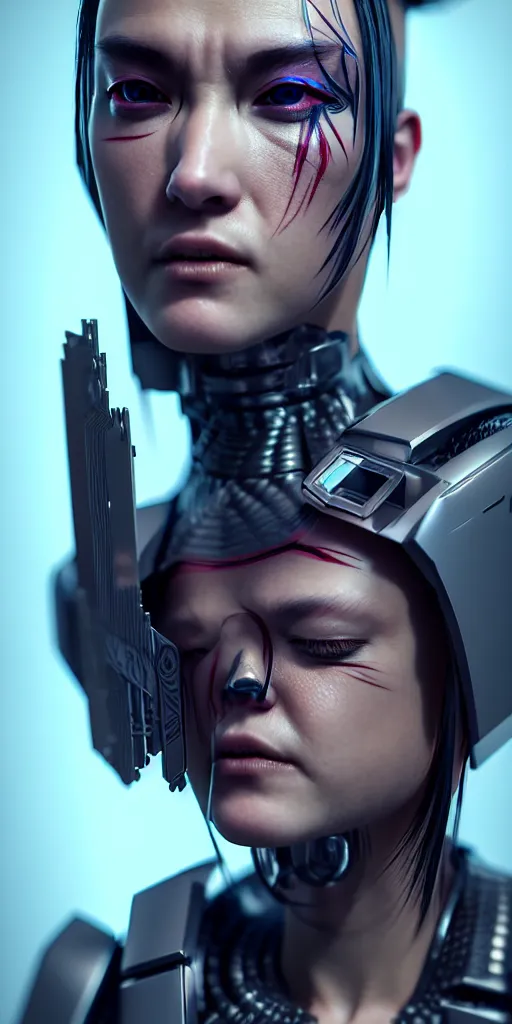 Prompt: cyberpunk android samurai, complex 3 d render, hyper detailed, ultrasharp, digital, natural soft rim light, anatomical, facial muscles, elegant, regal, hyper realistic, ultra detailed, octane render, vitaly bulgarov style, volumetric lighting, 8 k post - production