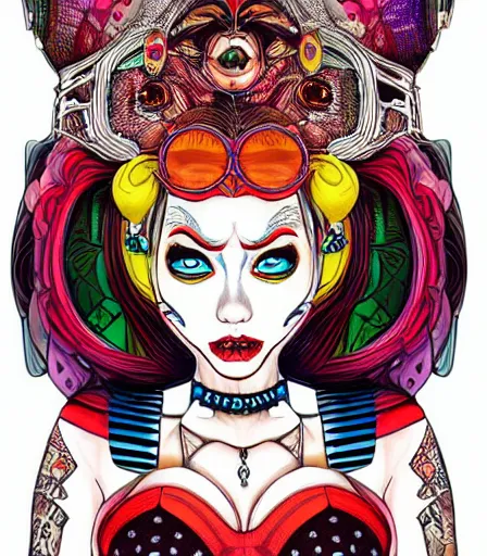 Prompt: hyper detailed comic illustration of a Rococopunk Harley Quinn , hourglass figure, gorgeous face, by Hayao Miyazaki intricate details, bright vibrant colors , solid background, low angle fish eye lens