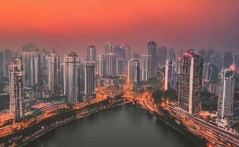 Prompt: a photo of guangzhou, river, sunset, purple sky, cinematic, 8 k, highly - detailed