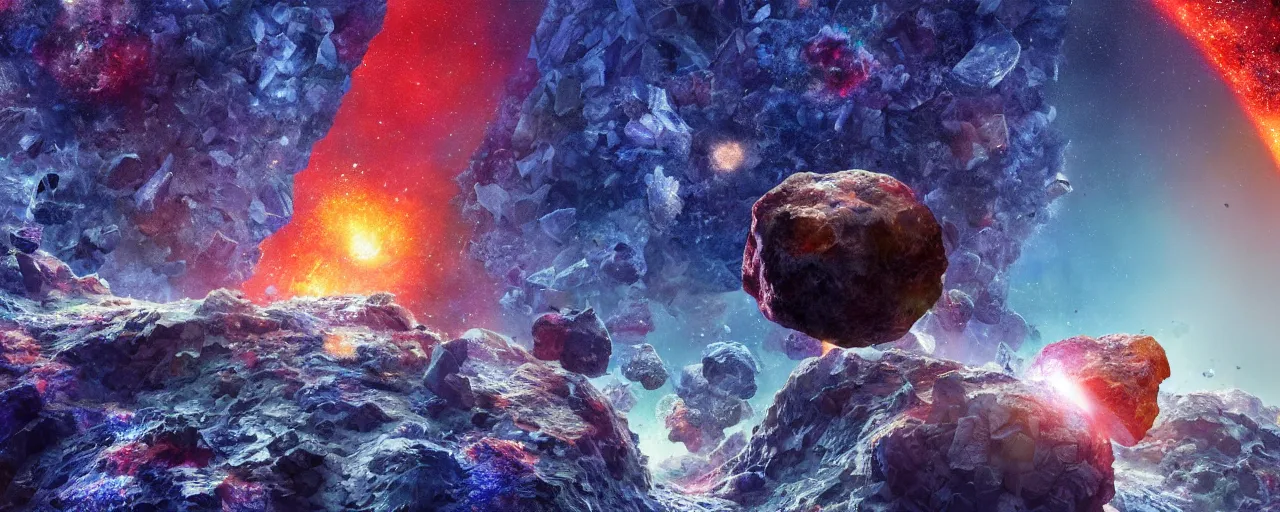 Image similar to asteroid made of donald trump and crystals, [ trump, shards, facets, by paul lehr, cinematic, detailed, epic, widescreen, opening, establishing, mattepainting, photorealistic, realistic textures, octane render ]