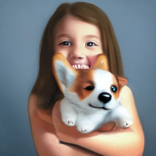 Image similar to “little girl holding a corgi puppy photorealistic hd”