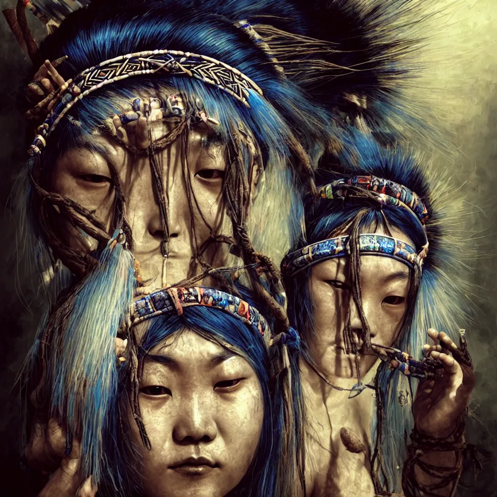 Image similar to A young blindfolded shaman japanese woman with a decorated headband performing a pagan ritual, in the style of heilung, blue hair dreadlocks and wood on her head, tribal piercing and tatoos , atmospheric lighting, intricate detail, cgsociety, ambient light, dynamic lighting, art by karol bak