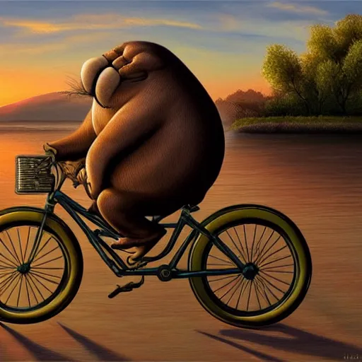 Prompt: anthropomorphic walrus riding a bicycle at sunrise realistic, hyperrealistic, very realistic, highly detailed, very detailed, extremely detailed, detailed