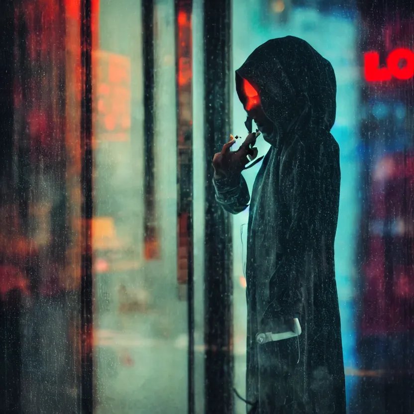Image similar to a hooded cyborg holding a smoking cigarette outside of a windowed storefront, neon lights reflecting, pouring rain, high contrast, faded colors, depth of field, detailed 8k sci-fi portrait