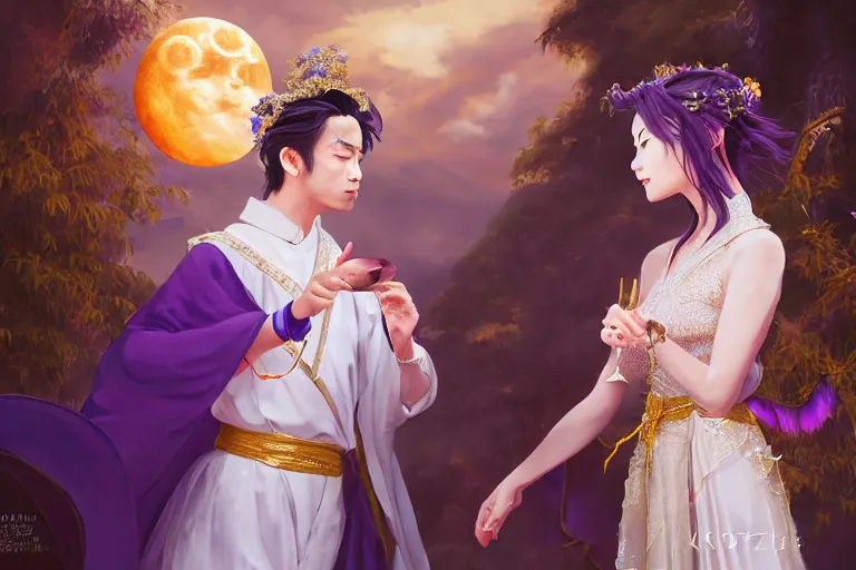 Image similar to a cinematic portrait of wedding photograph jpeg close up moment of a divine a japan sun god and moon goddess lovers magician at a wedding banquet. portraiture. digital painting. artstation. concept art. fantasy wedding photo. digital painting, 8 k realistic, hyper detailed, violet evergarden art masterpiece by art by krenz cushart