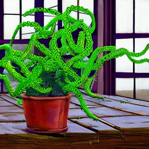 Prompt: several green and violet poisonous spiked tentacula vines grow from a pot, on wooden table in the ray of sunshine in greenhouse, digital art, hyper realistic, sharp focus, high detailed, calm, warm lighting, by Rutkowsky by Argyle