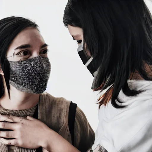 Image similar to Hot young woman, grey skin, void eyeballs, tattoos, wearing a leather jacket, comforting someone in a shroud and mask, hugging them as they cry on her chest