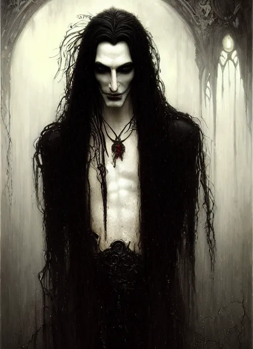 Image similar to highly detailed oil painting | very intricate | cinematic lighting | black, white and blood color scheme, dark background | portrait of a exquisite beautiful vampire man with long elegant tangles of black hair, eyes, gothic fog ambience, hyper realistic head, fantasy victorian art, in the style of greg rutkowski, zdizslaw beksinski, intricate, alphonse mucha