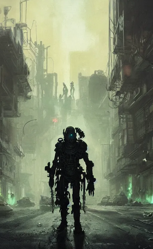 Image similar to A radioactive ghoul wearing raider gear stands in the middle of the street, ruined postapocalypse city, evil green glow on the horizon, science fiction, highly detailed, digital painting, artstation, concept art, illustration, art by Greg Rutkowski and alphonse mucha