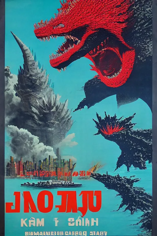 Image similar to a communist propaganda poster of Kim Jong-il and Starro Kaiju monster destroying Pyongyang, in Godzilla (1954) by Ishirō Honda, traditional Korean city, palace, epic ultrawide shot, cinémascope