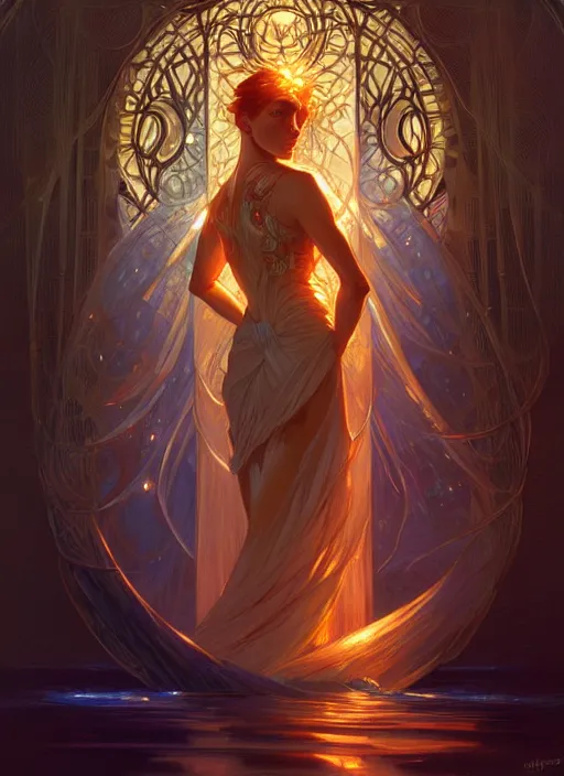 Image similar to water, glowing lights!! intricate elegant, highly detailed, digital painting, artstation, concept art, smooth, sharp focus, illustration, art by ( ( ( artgerm ) ) ) and greg rutkowski! and ( ( alphonse mucha ) )
