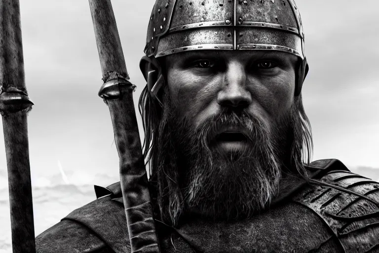 Image similar to still photo of viking warrior looking at the camera in a battlefield, black and white color aesthetic, highly detailed, photorealistic portrait, bright studio setting, studio lighting, crisp quality and light reflections, unreal engine 5 quality render