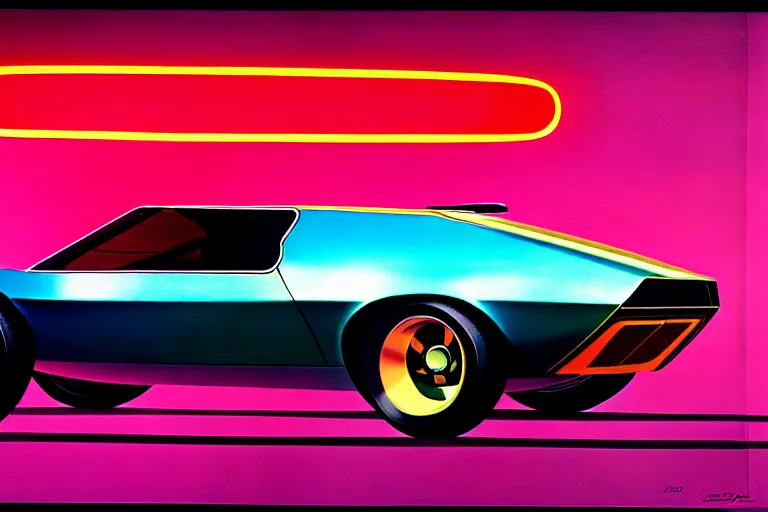 Prompt: designed by syd mead stylized poster of a single 1 9 6 9 amc amx / 3 citroen ds bmw m 1 concept, thick neon lights, ektachrome photograph, volumetric lighting, f 8 aperture, cinematic eastman 5 3 8 4 film