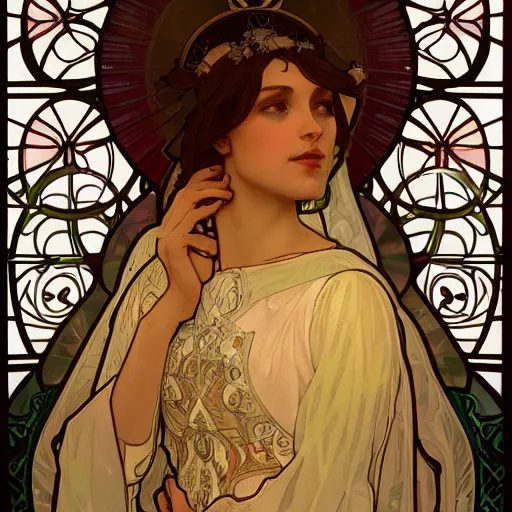 Prompt: a Portrait of A goddess in a church with a holy light emanating from her body by alphonse mucha and wlop,In style of digital art illustration.hyper detailed,smooth, sharp focus,trending on artstation,4k