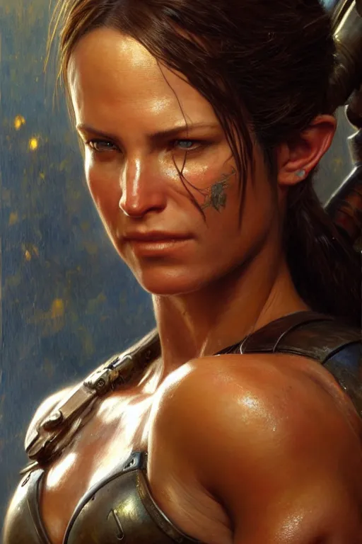 Image similar to muscular sweat lara croft wearing final fantasy armor, exhausted face close up, highly detailed painting by gaston bussiere, craig mullins, j. c. leyendecker 8 k