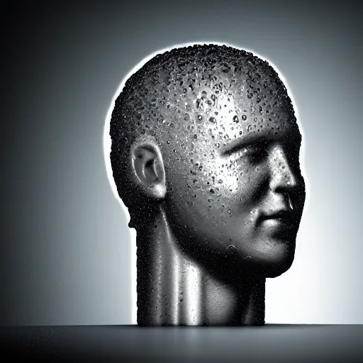 Image similar to icon of a realistic human head made out of water, dark background