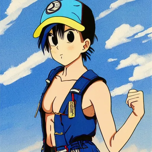 Image similar to a beautiful! boyish! natalie portman bulma from dragonball, alluring gravure! model, wearing hip hop mayan bomber jacket and leotard with native style overalls, bulky poofy bomber jacket with mayan patterns, guilty gear art style, trending on pixiv, painted by makoto shinkai takashi takeuchi studio ghibli, akihiko yoshida