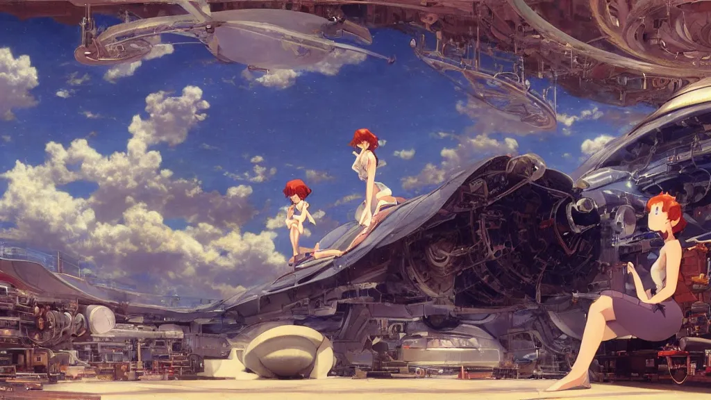 Prompt: a film still of a 1 9 5 0's mechanic anime girl sitting on top of flying ufo landing in hangar of giant ufo spaceship, finely detailed features, full body mid shot, perfect art,, trending on pixiv fanbox, painted by gaston bussiere, makoto shinkai, akihiko yoshida, gaston bussiere, craig mullins, studio ghibli